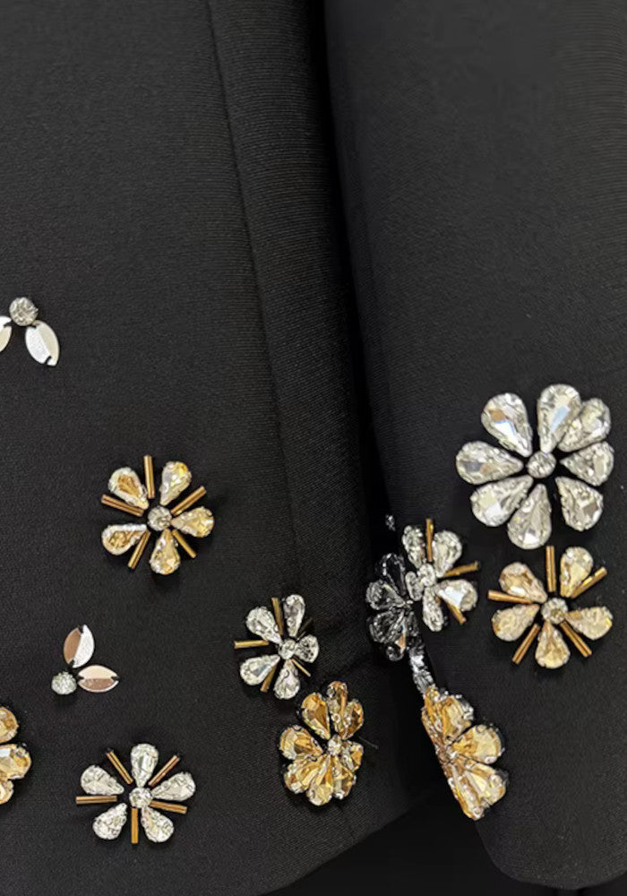 Forever Girls Black Crystal Flower Embellished Blazer Pant Suit