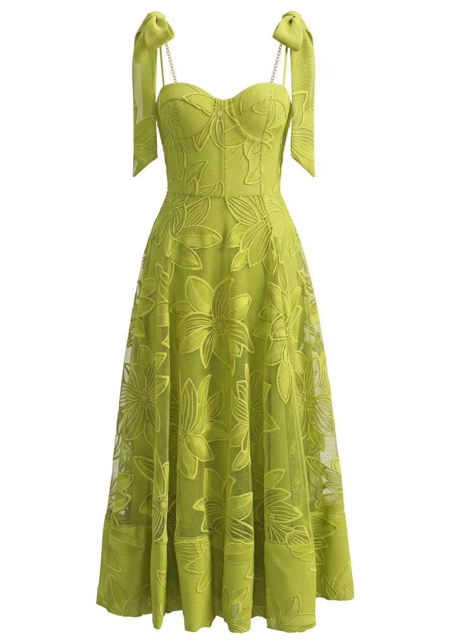 Forever Girls Green Tie-Strap Floral Lace Bustier Midi Dress