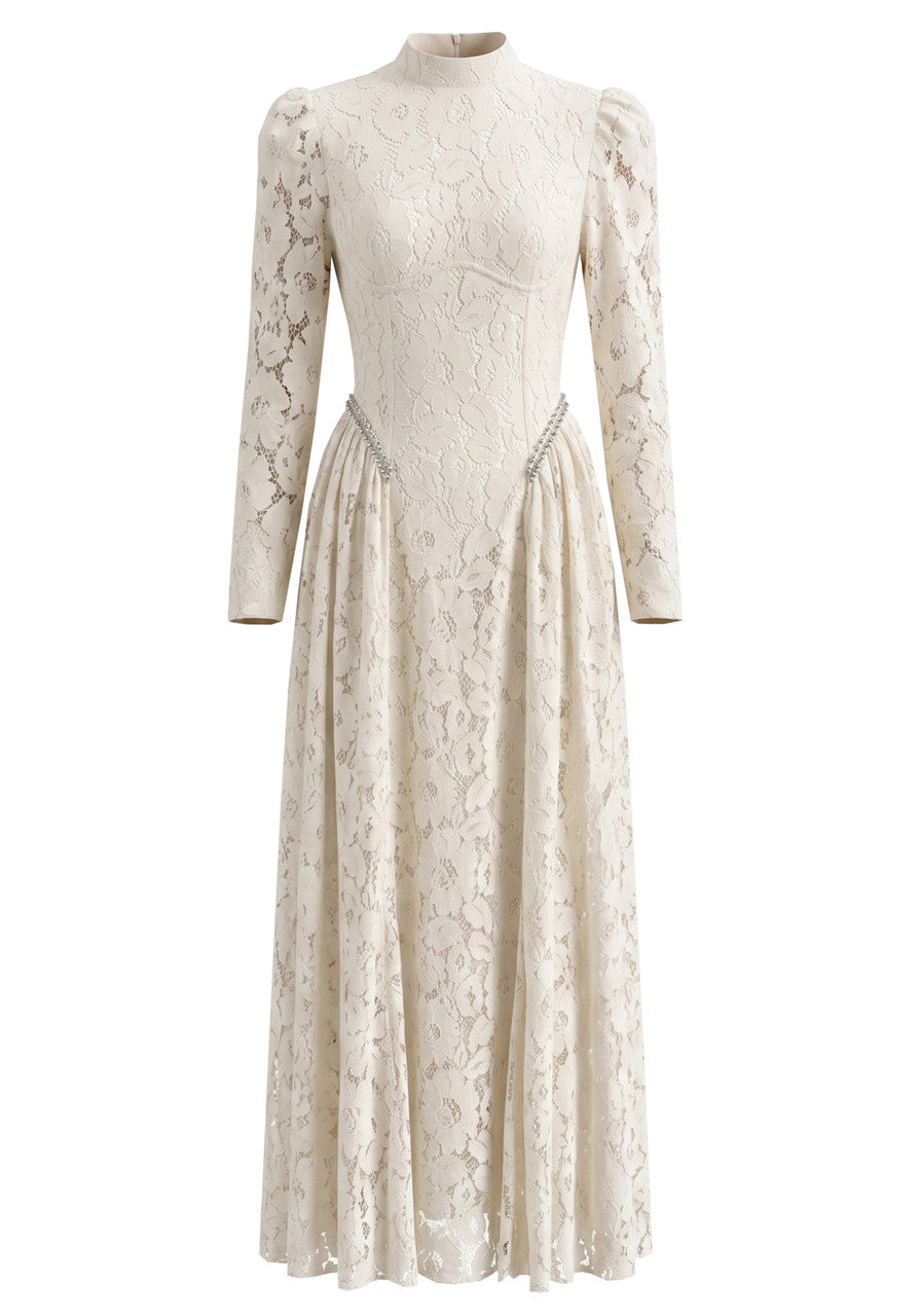 Forever Girls Ivory Long Sleeve Crystal Lace A-Line Maxi Dress