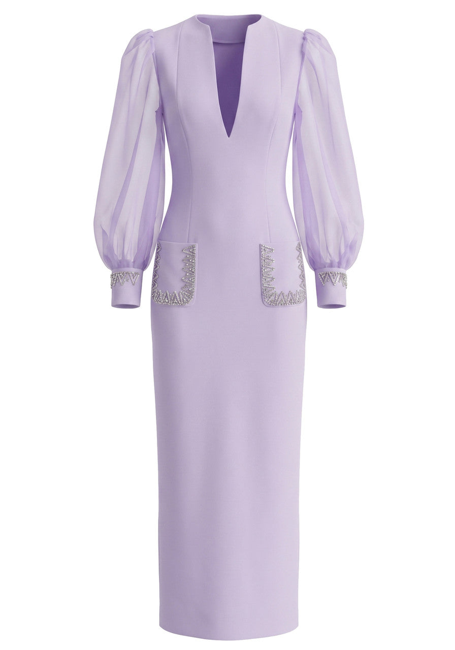 Forever Girls Lavender V-Neck Puff Sleeve Crystal Pocket Maxi Dress