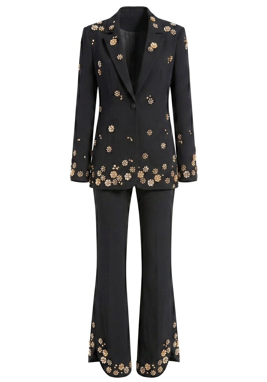 Forever Girls Black Crystal Flower Embellished Blazer Pant Suit
