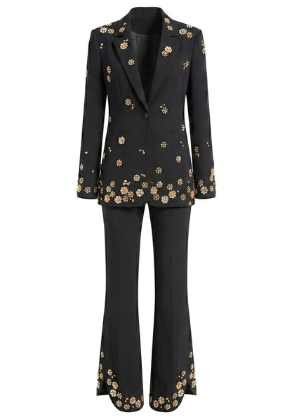 Forever Girls Black Crystal Flower Embellished Blazer Pant Suit
