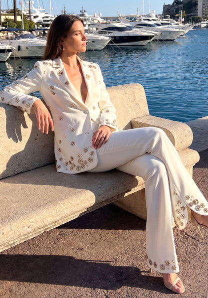 Forever Girls White Crystal Flower Embellished Blazer Pant Suit