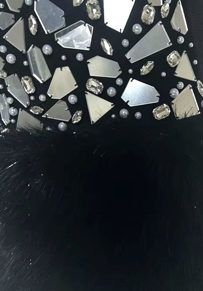 Forever Girls Black Sleeveless Crystal Mirror Fur Hem Mini Dress