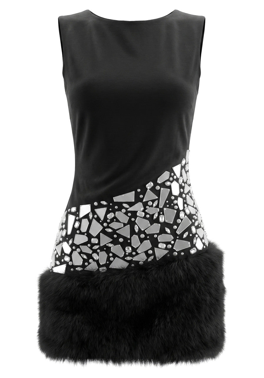 Forever Girls Black Sleeveless Crystal Mirror Fur Hem Mini Dress