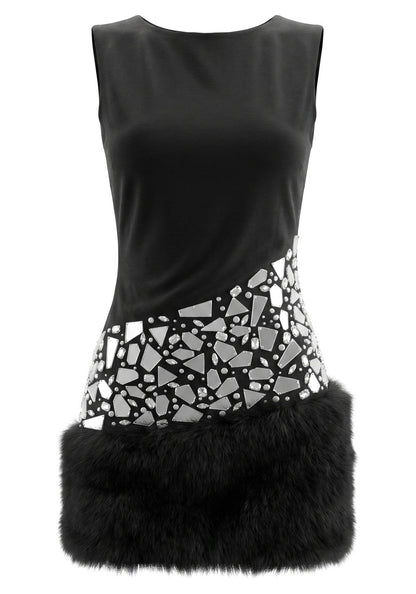 Forever Girls Black Sleeveless Crystal Mirror Fur Hem Mini Dress