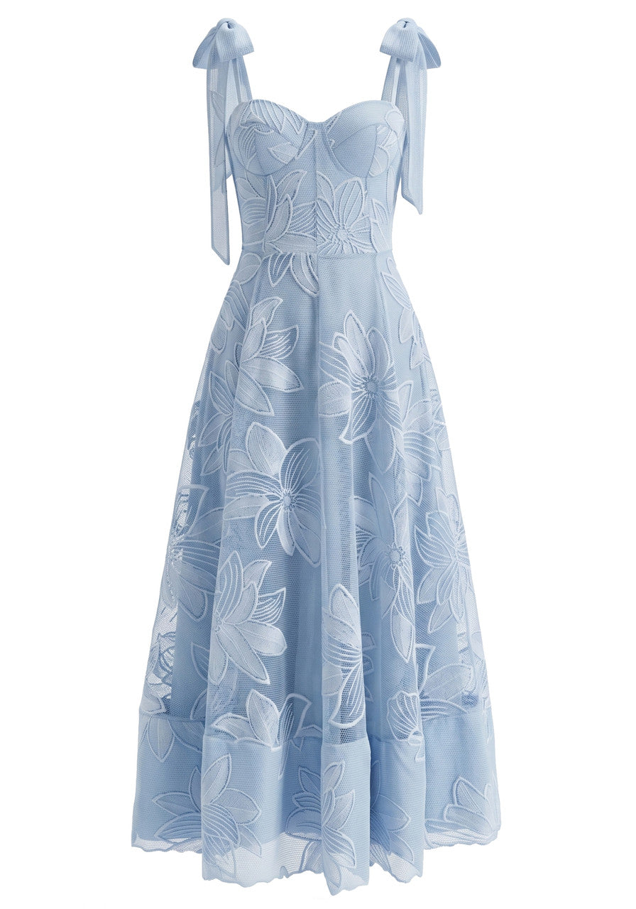 Forever Girls Blue Tie-Strap Floral Lace Bustier Midi Dress