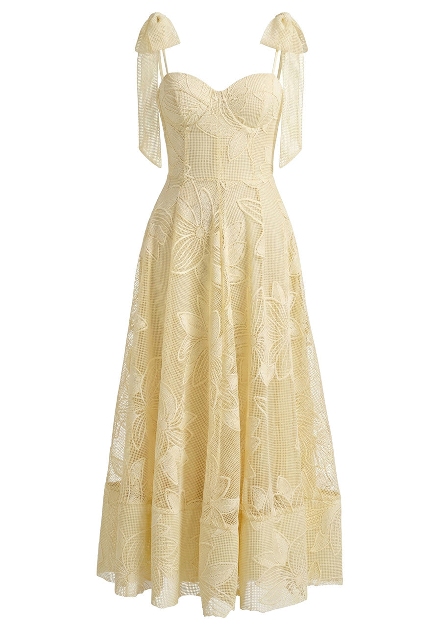 Forever Girls Yellow Tie-Strap Floral Lace Bustier Midi Dress