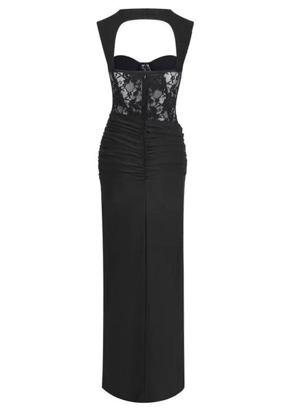 Forever Girls Black Lace Bustier Draped Backless Maxi Dress