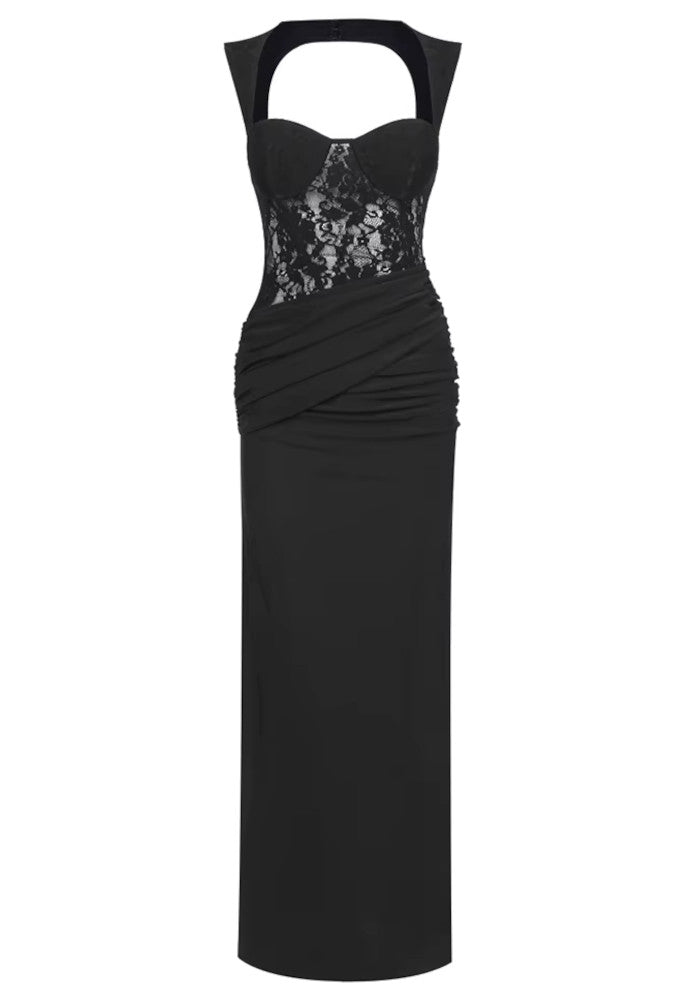 Forever Girls Black Lace Bustier Draped Backless Maxi Dress