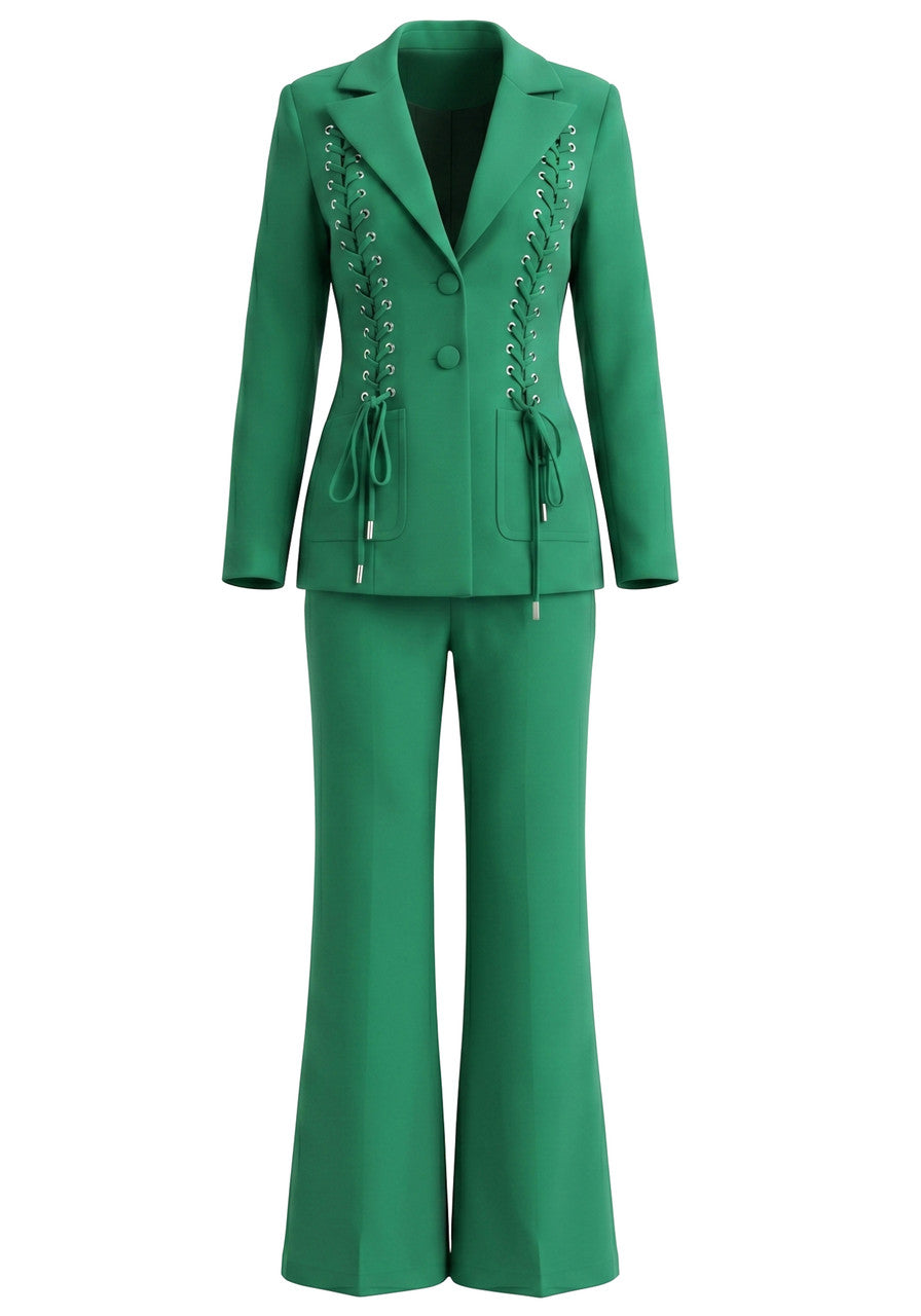 Forever Girls Green Lace-Up Detail Blazer Pant Suit