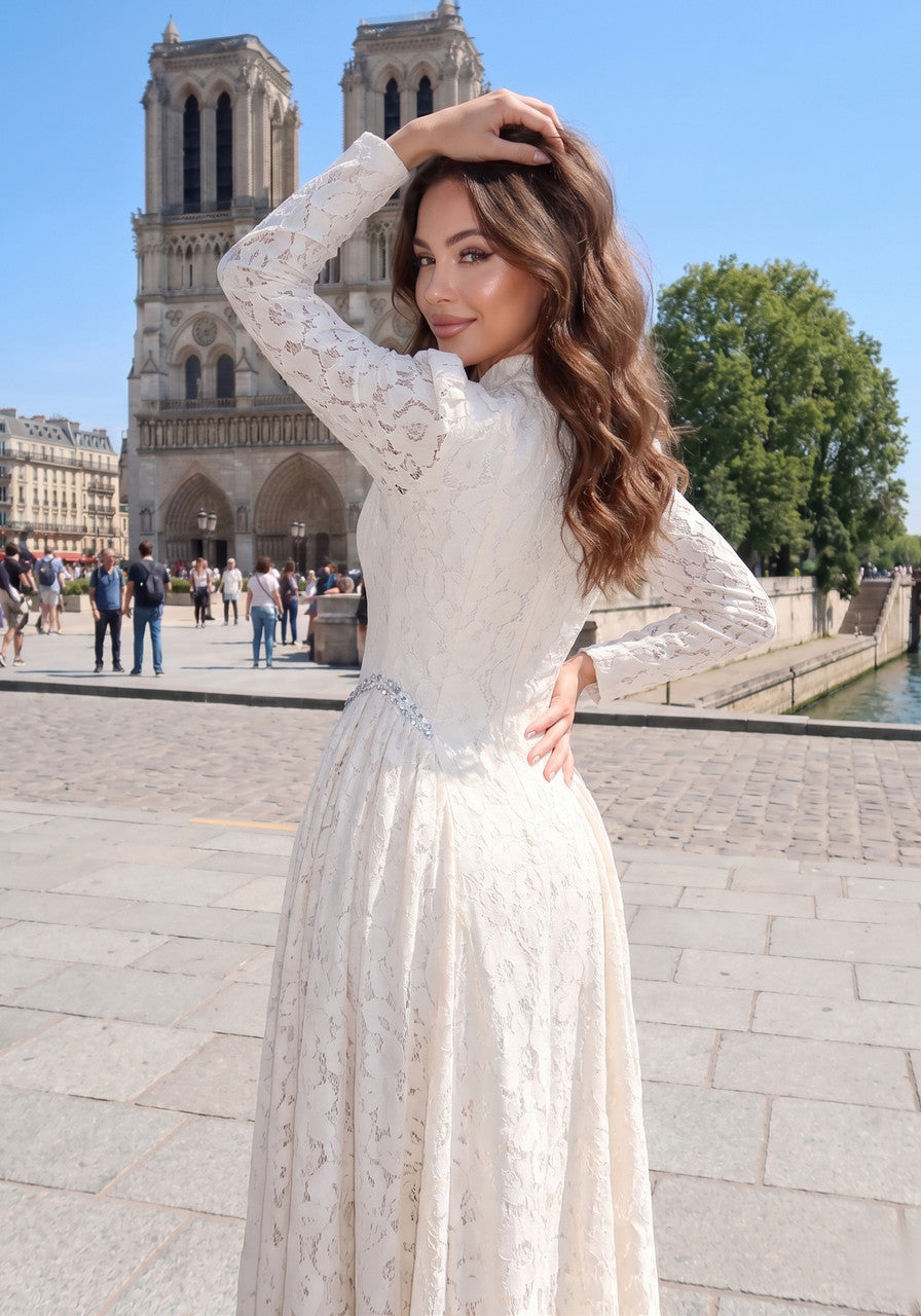 Forever Girls Ivory Long Sleeve Crystal Lace A-Line Maxi Dress