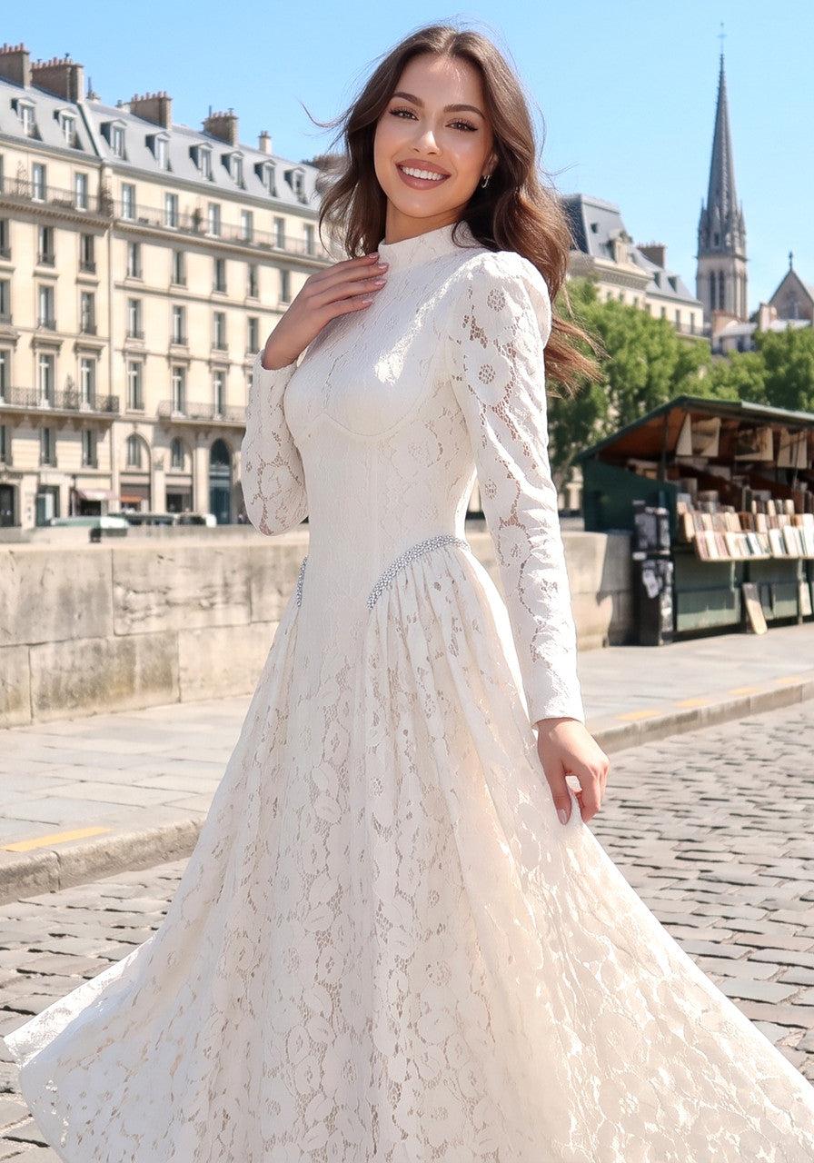 Forever Girls Ivory Long Sleeve Crystal Lace A-Line Maxi Dress