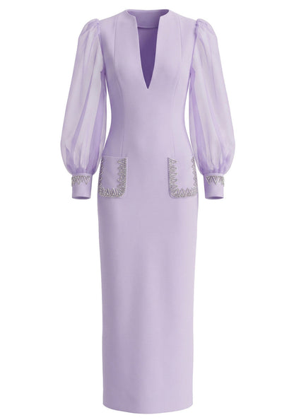 Forever Girls Lavender V-Neck Puff Sleeve Crystal Pocket Maxi Dress
