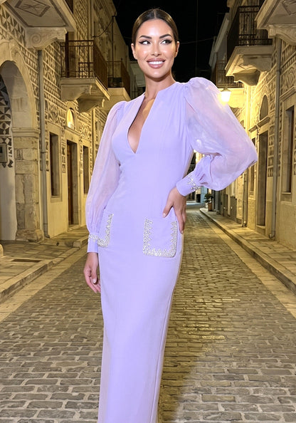 Forever Girls Lavender V-Neck Puff Sleeve Crystal Pocket Maxi Dress