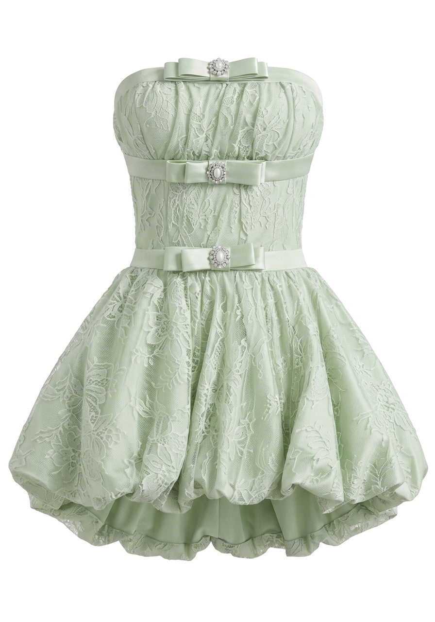 Forever Girls Sage Green Strapless Lace Bow Bubble Mini Dress