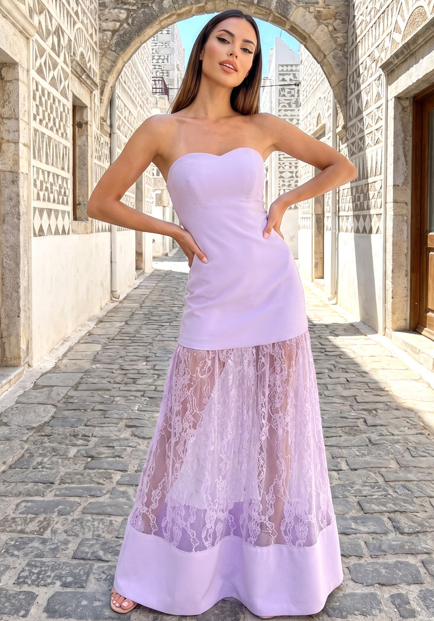 Forever Girls Lavender Strapless Sweetheart Lace Insert Maxi Dress