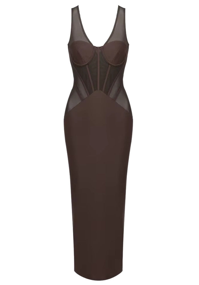 Forever Girls Brown Sheer Mesh Corset Bodycon Maxi Dress