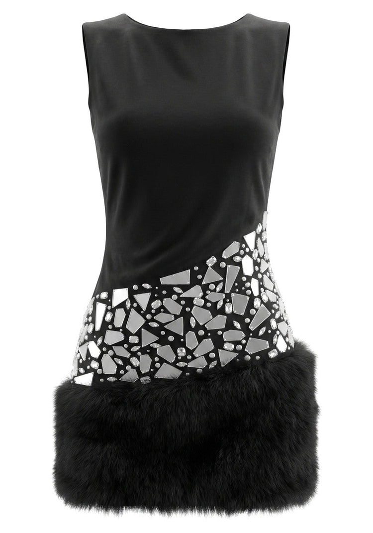 Forever Girls Black Sleeveless Crystal Mirror Fur Hem Mini Dress, view 9