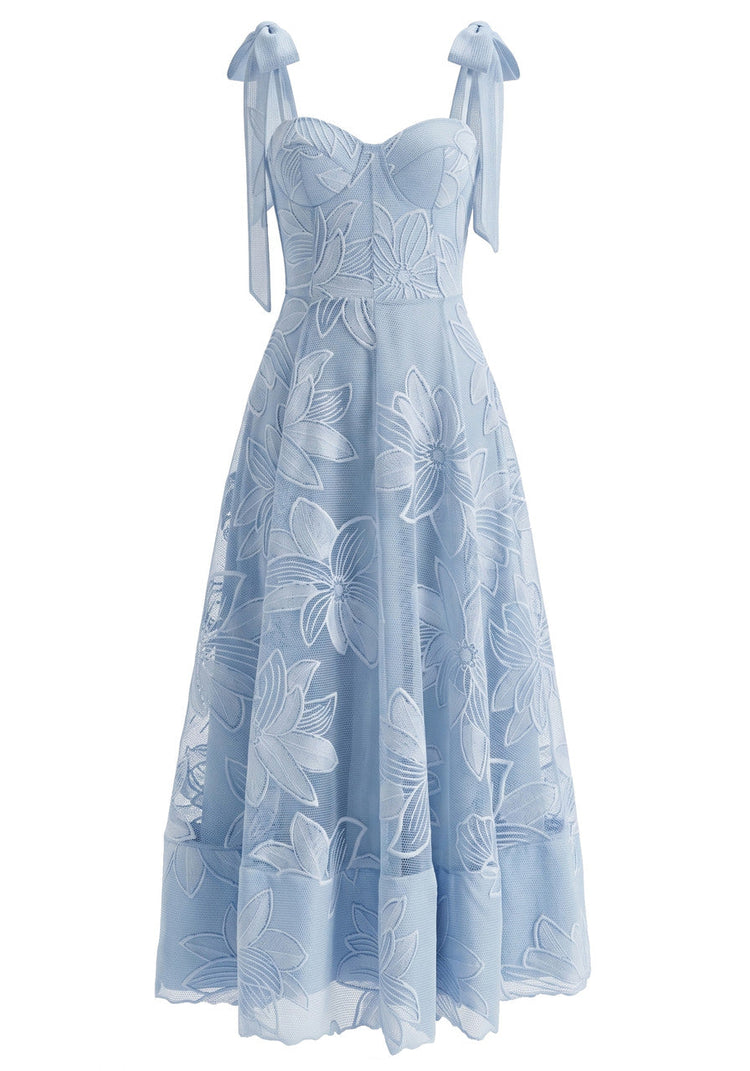 Forever Girls Blue Tie-Strap Floral Lace Bustier Midi Dress, view 6